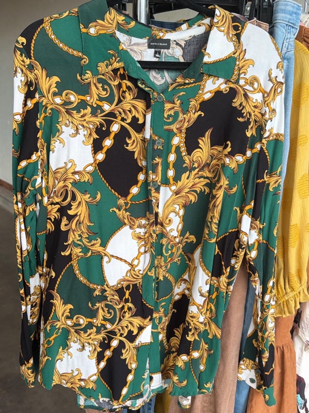 Buckle Green Black White Gold Baroque Print Button-Up Blouse